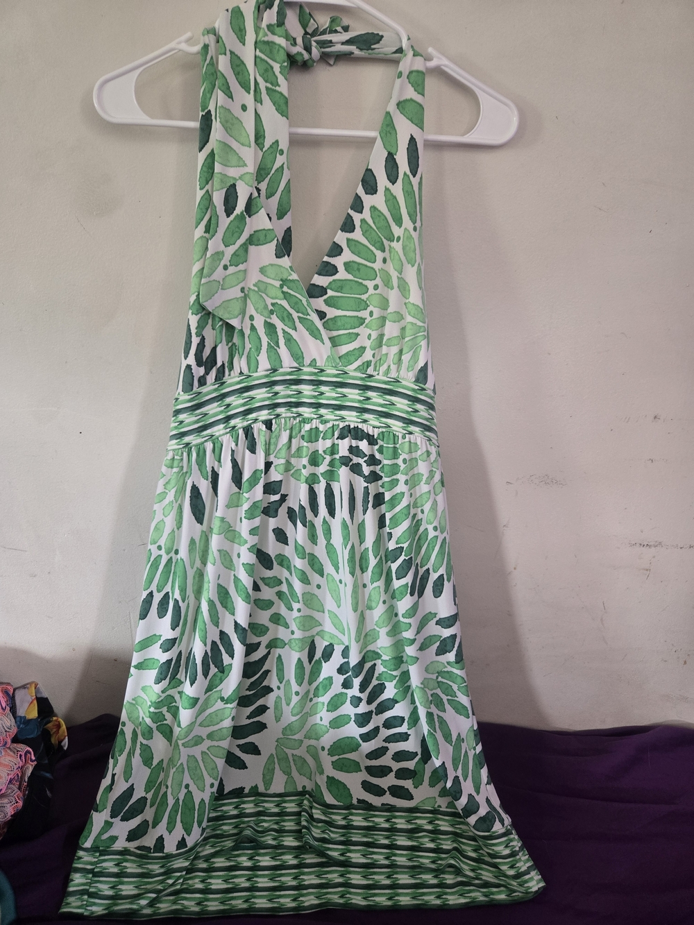 Tailor B. Moss Green Leaf-Print Halter Dress